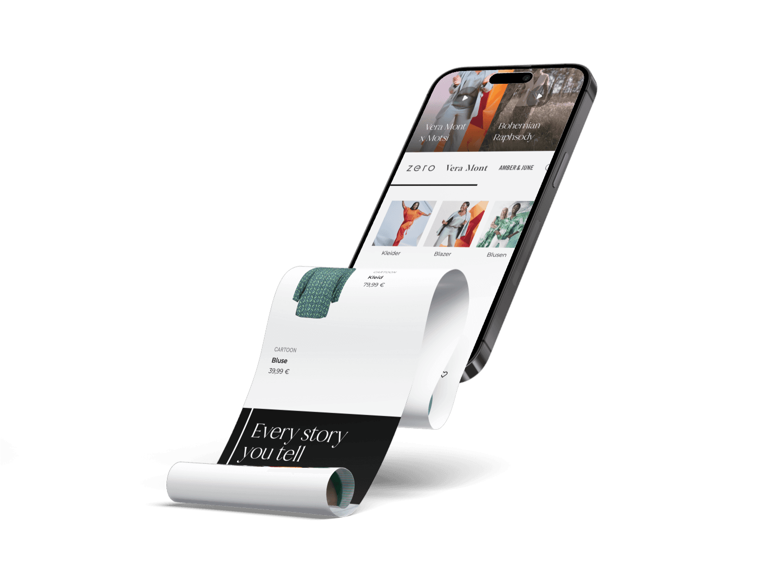 The Fashion Story shop unfurling from a phone